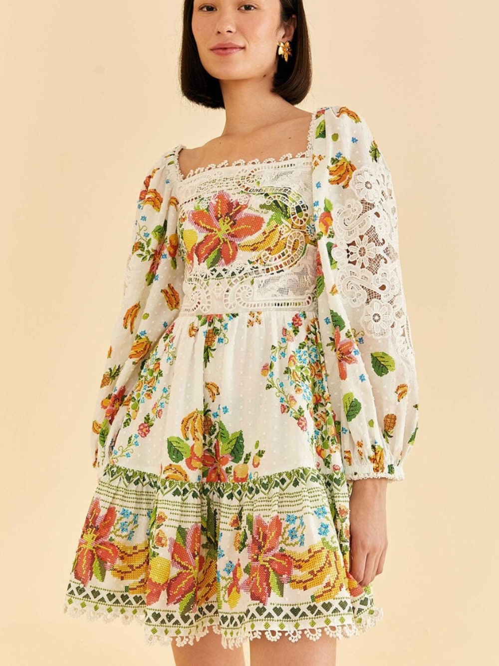 FARM Rio White Floral Eyelet Mini Dress with Multicolor Bloom